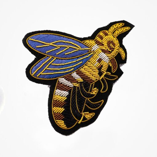 Hand Embroidered Honey bee Patch. Handmade Insects Bullion Wire Badge Sewn on Black Felt. - Bullion blazer embroidered patches 3